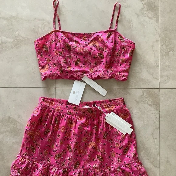 Caroline Constas 2pc Set Crop Spaghetti Top Maxi Skirt Pink Cotton Eyelet Ruffle - Picture 5 of 16